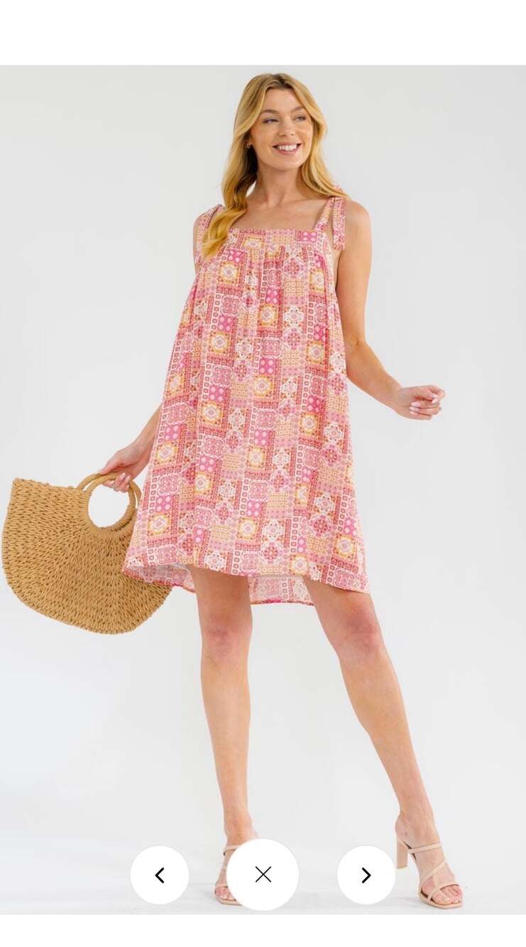 Savanna Jane Pink Multi Floral Print Square Neck Tie Strap Dress